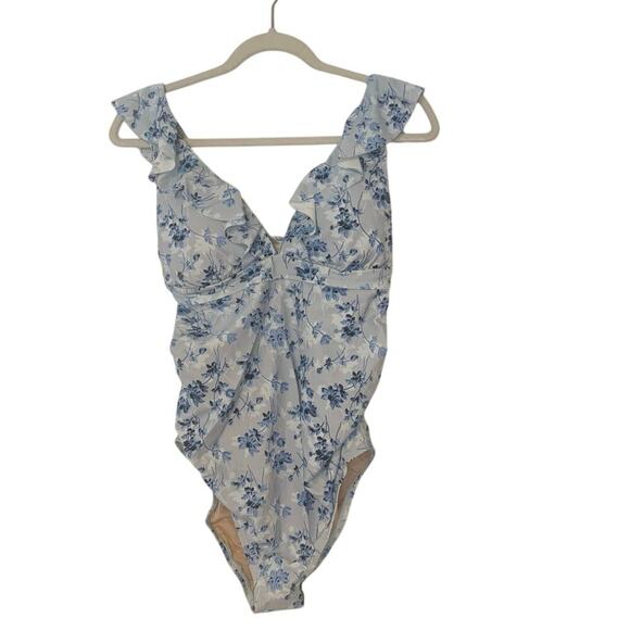 NWT A Pea in the Pod Ruffled Maternity Floral Swimsuit Light Blue Size S - Picture 1 of 7